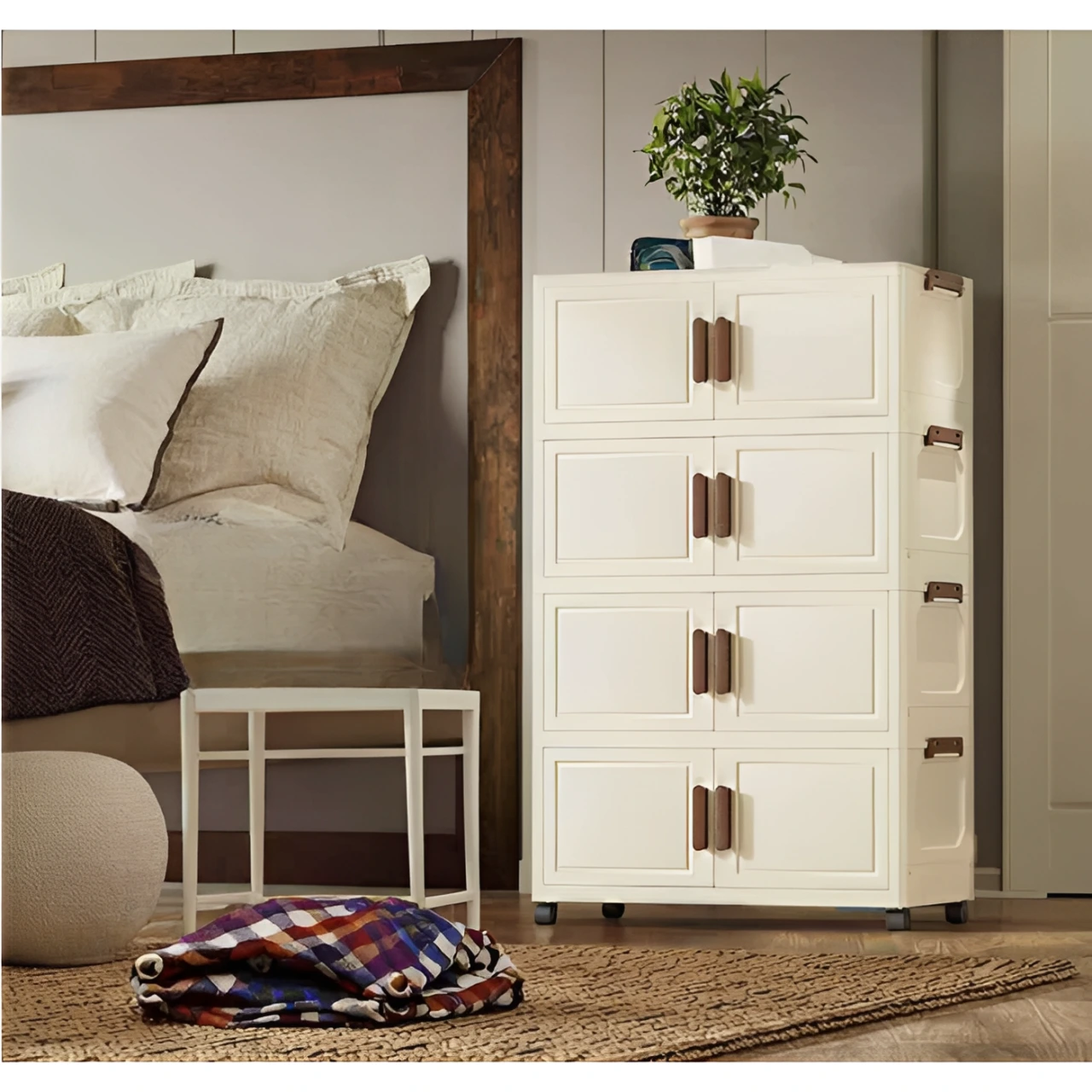 Raft pliabil de depozitare, stil dulap, 4 niveluri, din plastic, cu roti, organizare prin stivuire sau de sine statatoare, Crem/Maro, 40 x 26 x 88 cm [4]