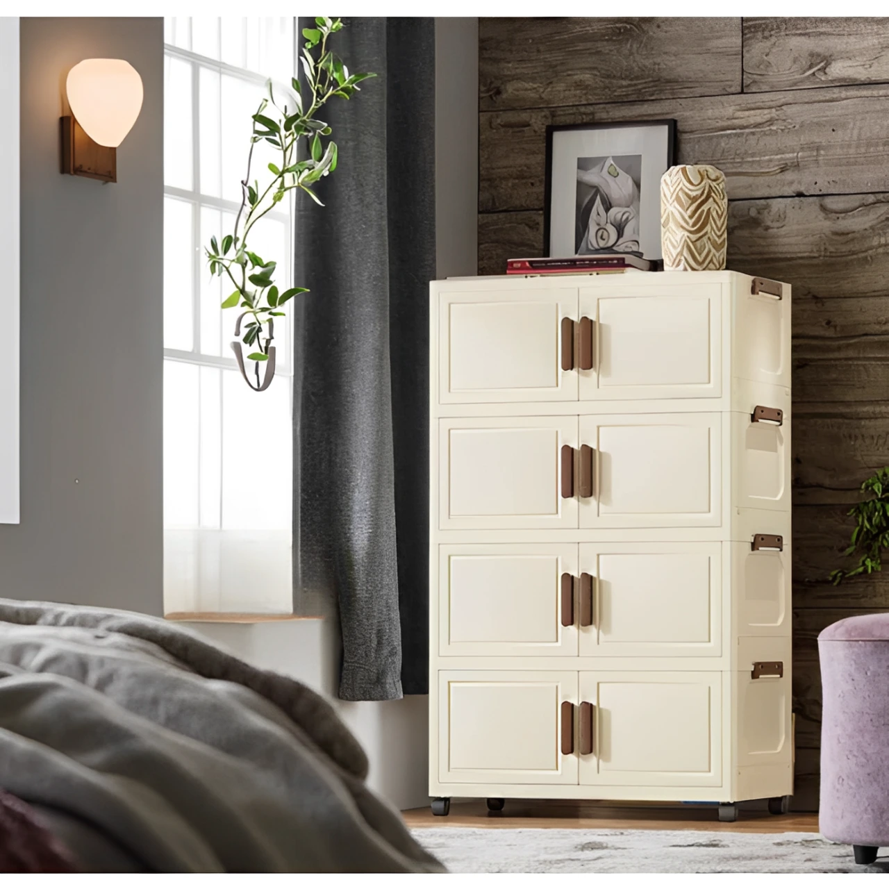 Raft pliabil de depozitare, stil dulap, 4 niveluri, din plastic, cu roti, organizare prin stivuire sau de sine statatoare, Crem/Maro, 40 x 26 x 88 cm [5]