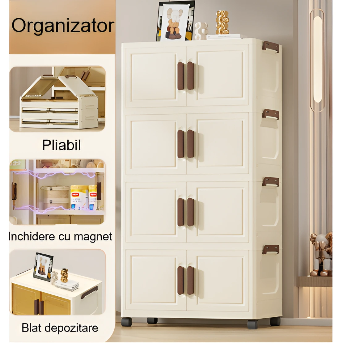 Raft pliabil de depozitare, stil dulap, 4 niveluri, din plastic, cu roti, organizare prin stivuire sau de sine statatoare, Crem/Maro, 40 x 26 x 88 cm [3]