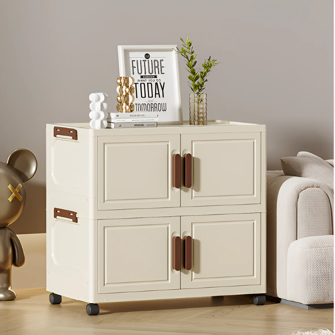 Raft pliabil de depozitare, stil dulap, 5 niveluri, din plastic, cu roti, organizare prin stivuire sau de sine statatoare, Crem/Maro, 45 x 26 x 112 cm [6]