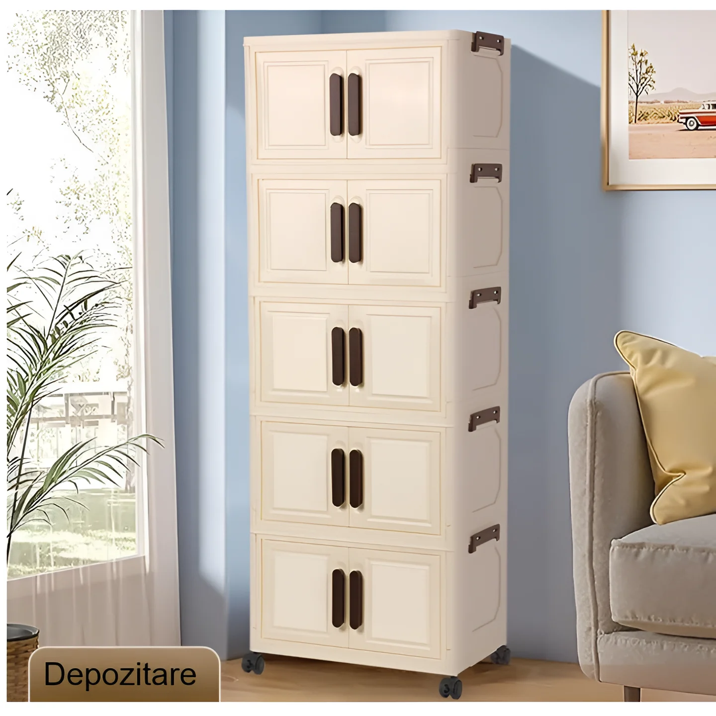 Raft pliabil de depozitare, stil dulap, 5 niveluri, din plastic, cu roti, organizare prin stivuire sau de sine statatoare, Crem/Maro, 45 x 26 x 112 cm [5]