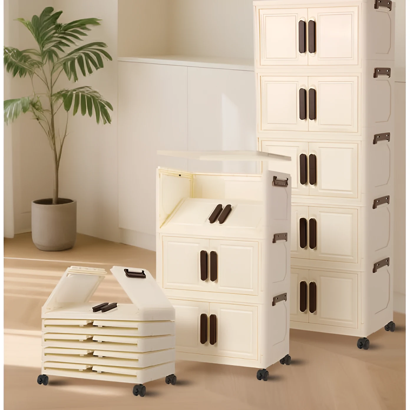 Raft pliabil de depozitare, stil dulap, 5 niveluri, din plastic, cu roti, organizare prin stivuire sau de sine statatoare, Crem/Maro, 45 x 26 x 112 cm [3]