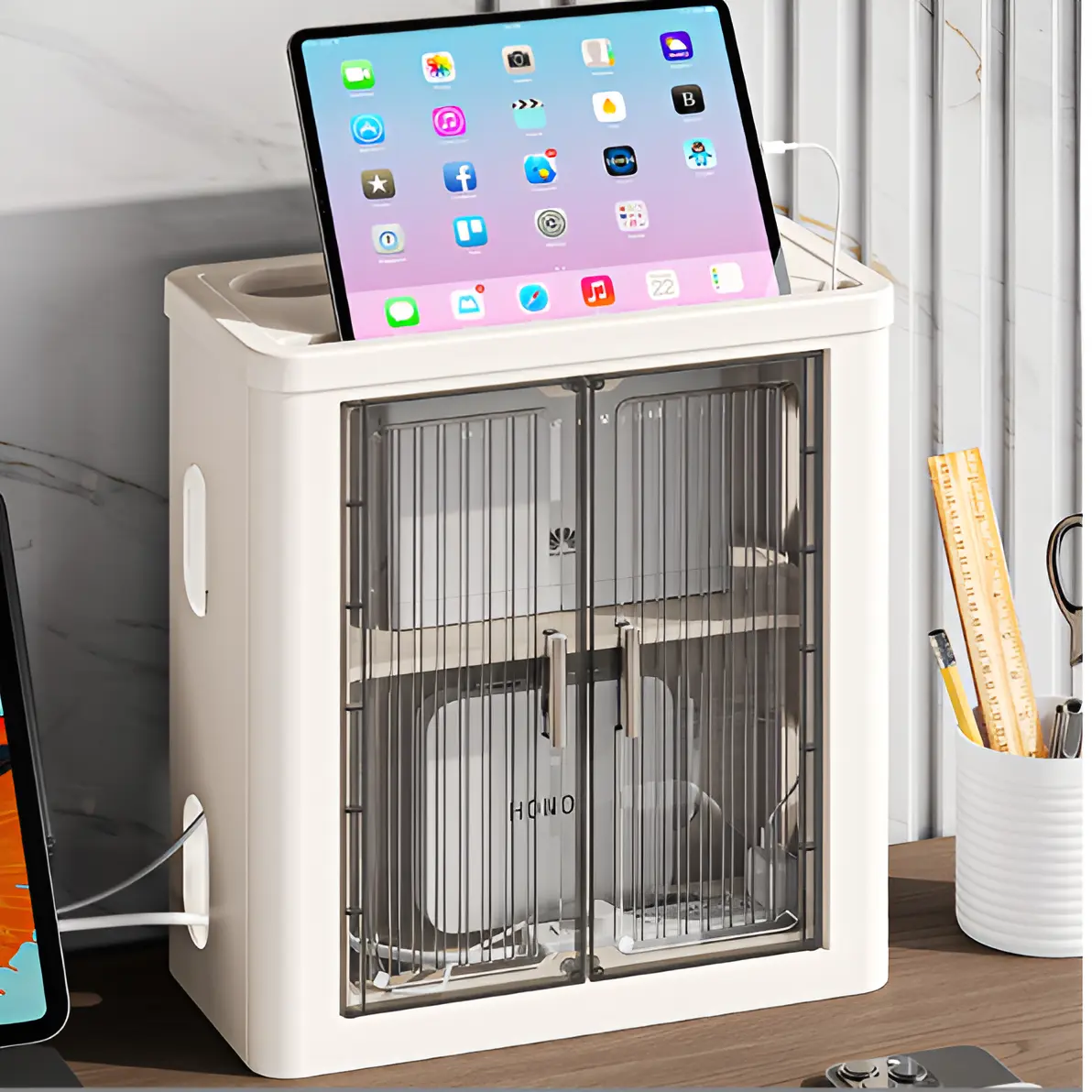 Raft suport pentru router Wi-Fi, prelungitor, cu montare pe perete, mascheaza cablurile, acces facil, din plastic, Alb/Gri, 28.5 x 14 x 33 cm [5]