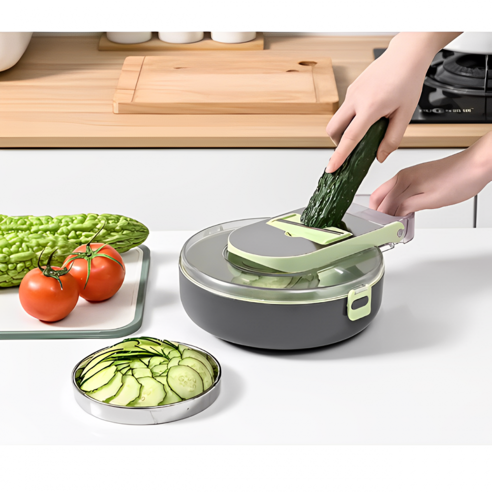 Razatoare multifunctionala pentru legume, cu accesorii pentru diferite tipuri de feliere, Verde/Gri, 29.5 x 22 x 9 cm [6]