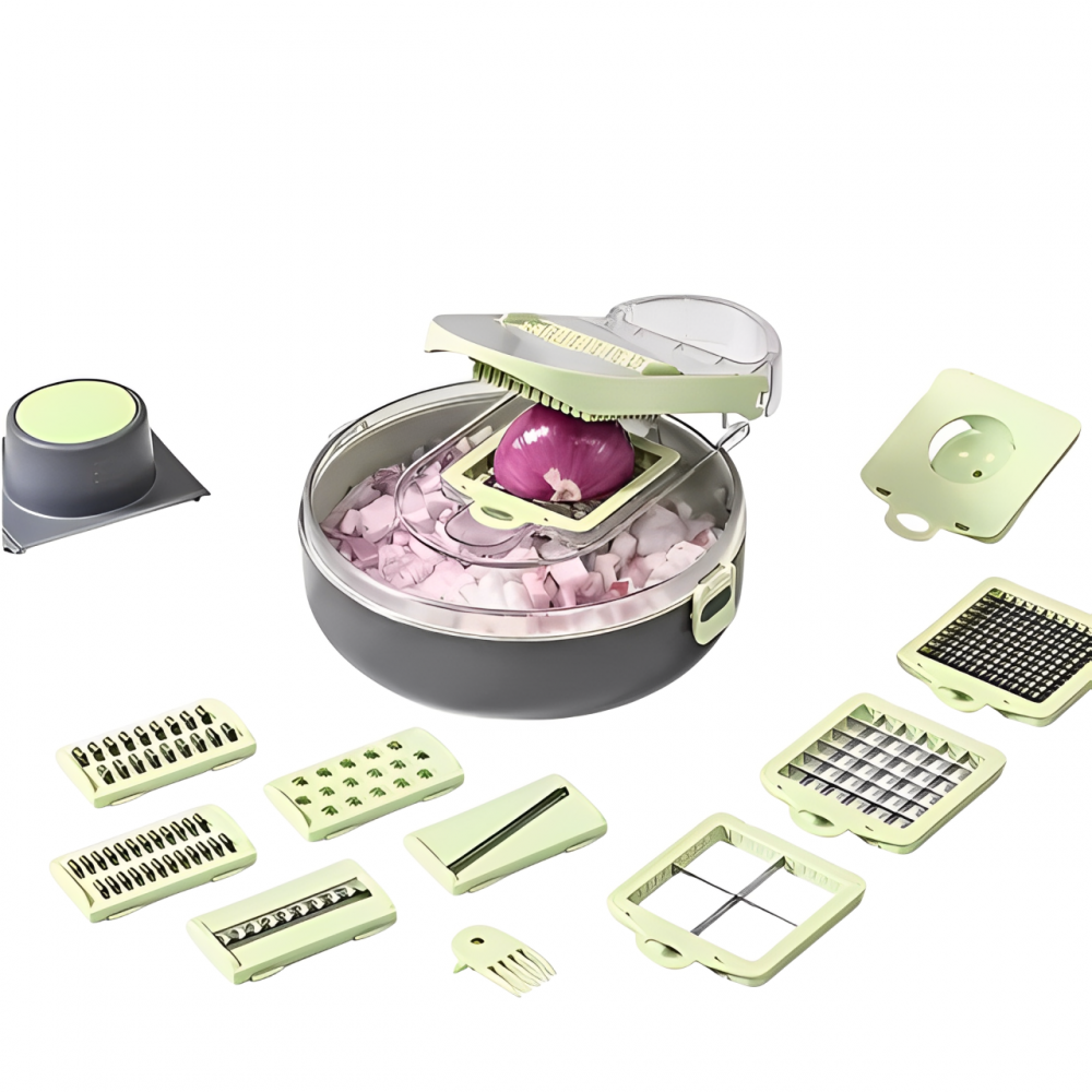 Razatoare multifunctionala pentru legume, cu accesorii pentru diferite tipuri de feliere, Verde/Gri, 29.5 x 22 x 9 cm [2]