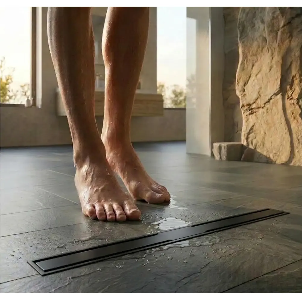 Rigola de dus, pe podea, liniara, din inox, set complet necesar instalarii, Negru, 32 x 600 mm [2]