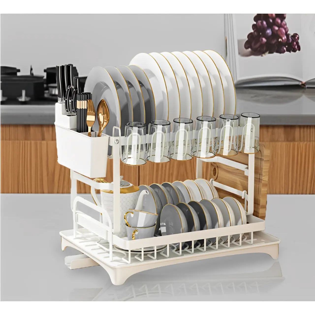 Scurgator de vase metalic, cu 2 niveluri, tava din plastic, accesorii, Alb, 42 x 30 x 30 cm [2]