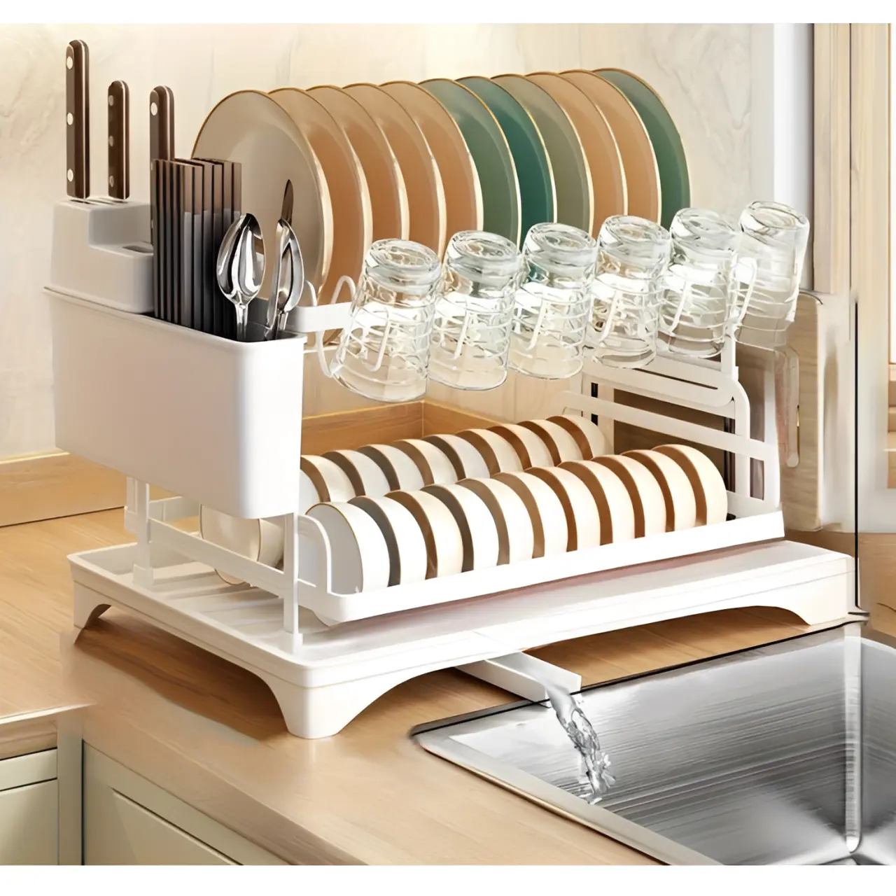 Scurgator de vase metalic, cu 2 niveluri, tava din plastic, accesorii, Alb, 42 x 30 x 30 cm [6]