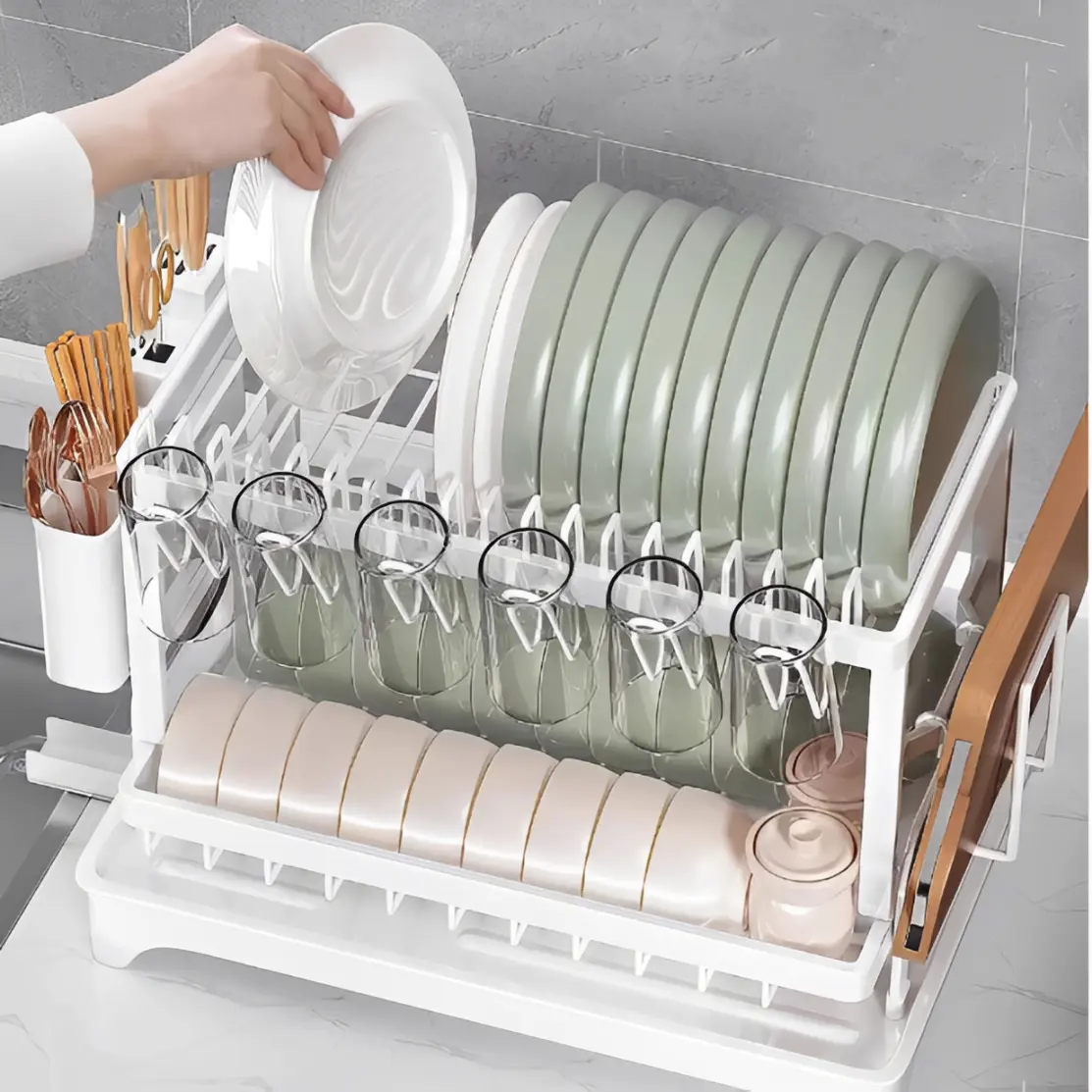 Scurgator de vase metalic, cu 2 niveluri, tava din plastic, accesorii, Alb, 42 x 30 x 30 cm [5]