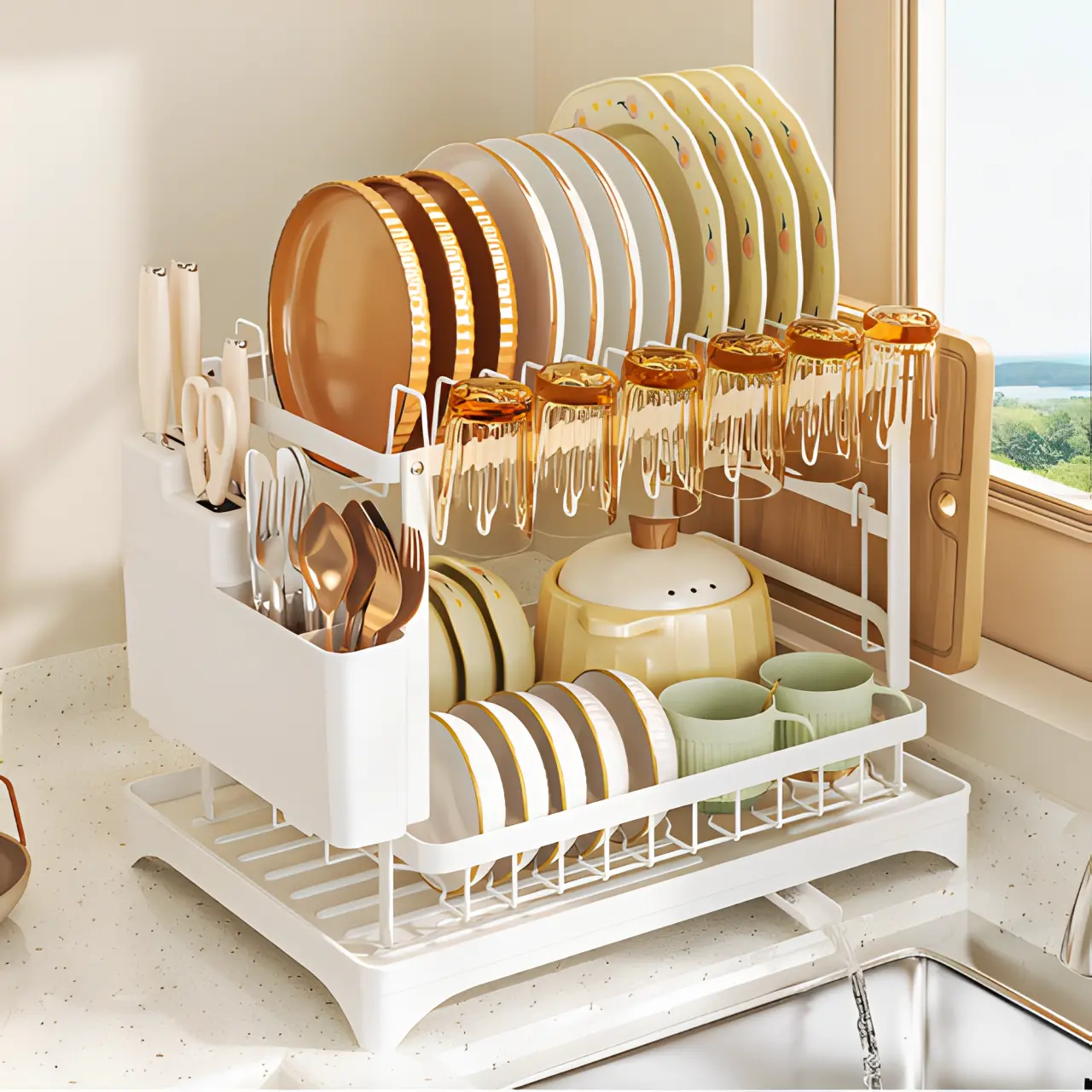 Scurgator de vase metalic, cu 2 niveluri, tava din plastic, accesorii, Alb, 42 x 30 x 30 cm [4]