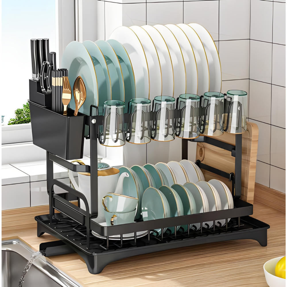 Scurgator de vase metalic, cu 2 niveluri, tava din plastic, accesorii, Negru, 32 x 30 x 42 cm [6]