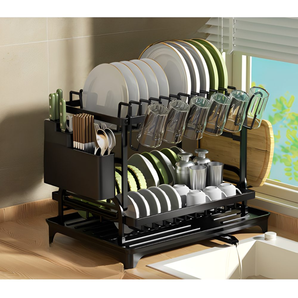 Scurgator de vase metalic, cu 2 niveluri, tava din plastic, accesorii, Negru, 32 x 30 x 42 cm [4]