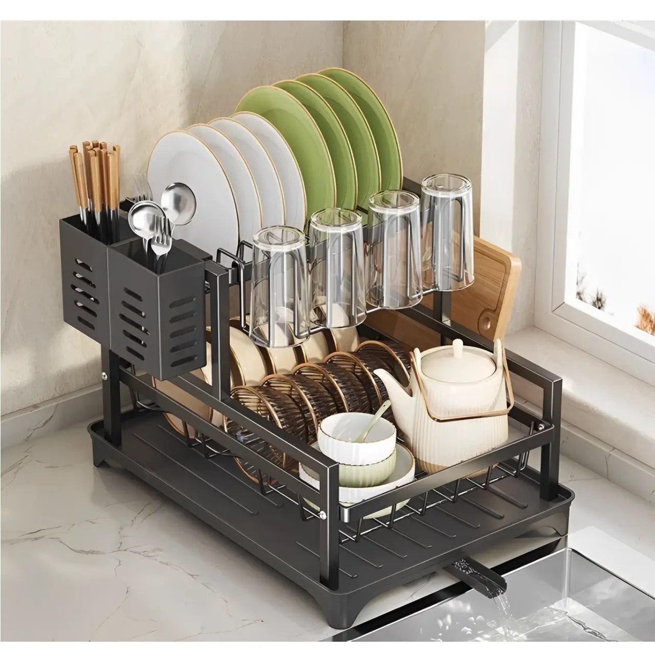 Scurgator de vase metalic, cu 2 niveluri, tava din plastic, accesorii, Negru, 39.5 x 28.5 x 26 cm [5]