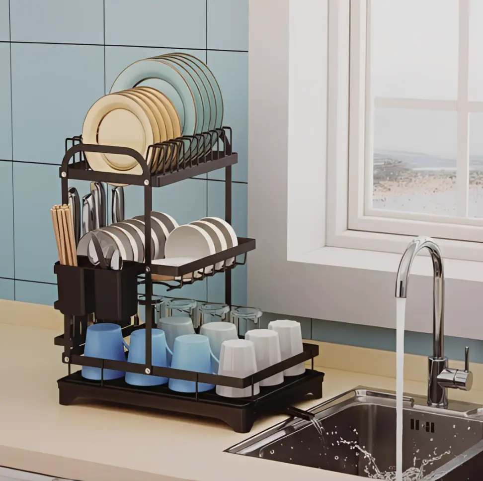 Scurgator de vase metalic, cu 3 niveluri, tava din plastic, accesorii, Negru, 42 x 30 x 47.5 cm [3]