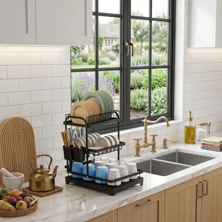 Scurgator de vase metalic, cu 3 niveluri, tava din plastic, accesorii, Negru, 42 x 30 x 47.5 cm [2]