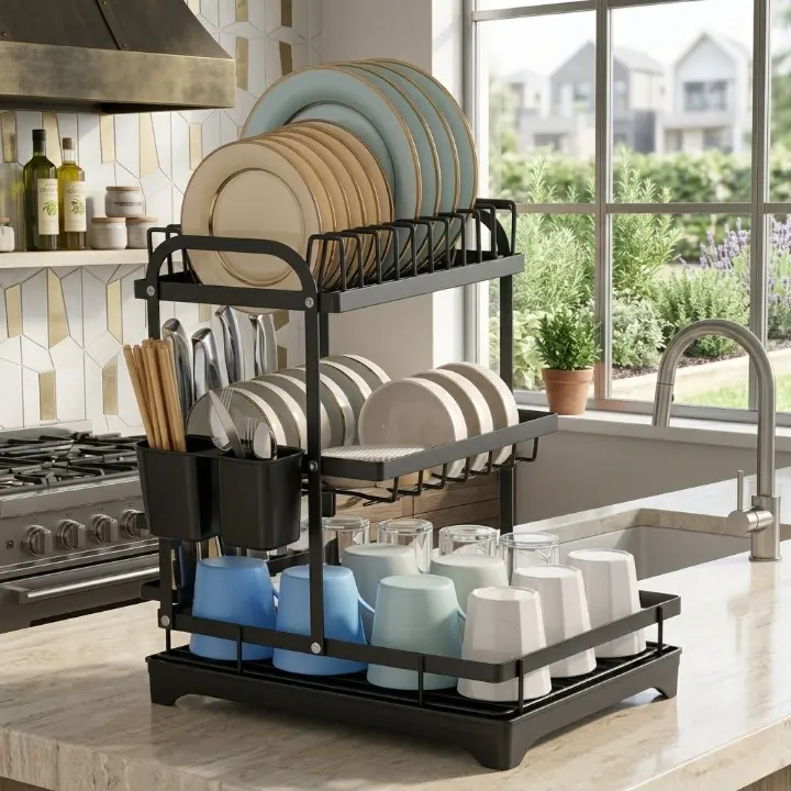 Scurgator de vase metalic, cu 3 niveluri, tava din plastic, accesorii, Negru, 42 x 30 x 47.5 cm [5]