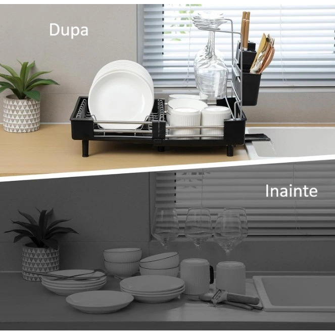 Scurgator vase cu suport pentru pahare, extensibil, cu fanta pentru scurgerea apei, Negru, 32-47 x 34 x 38.5 cm [5]