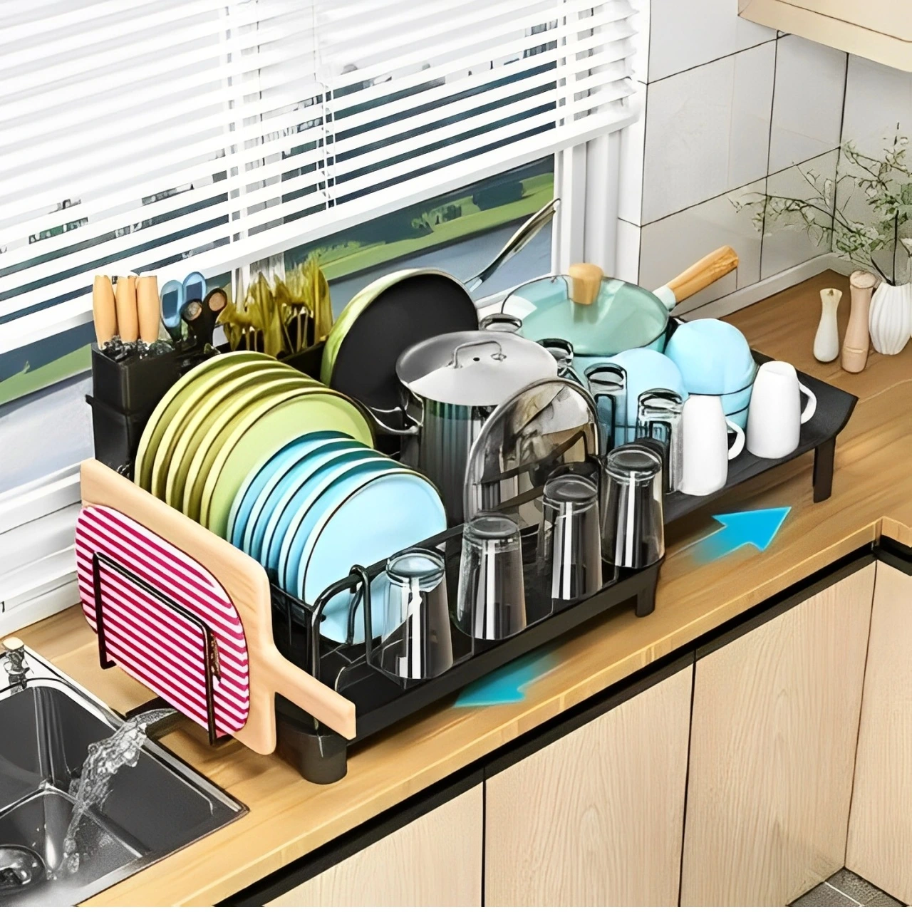 Scurgator vase cu suport pentru tocator, extensibil, cu fanta pentru scurgerea apei, Negru, 43-70 x 30 x 20.5 cm [2]