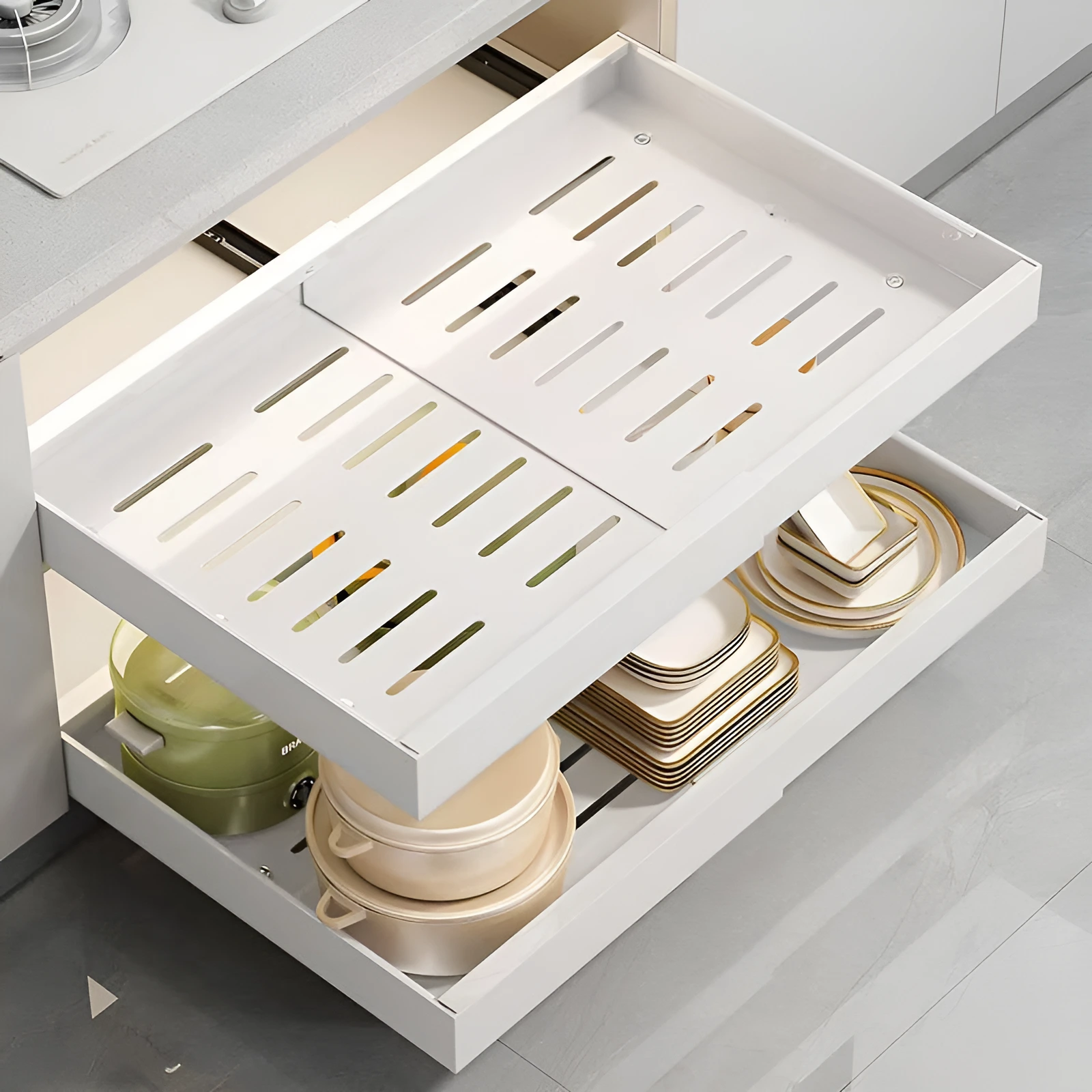 Sertar organizator extensibil, glisant, cu sine autoadezive, Herum, Alb, 32-52 x 42 x 7 cm [4]