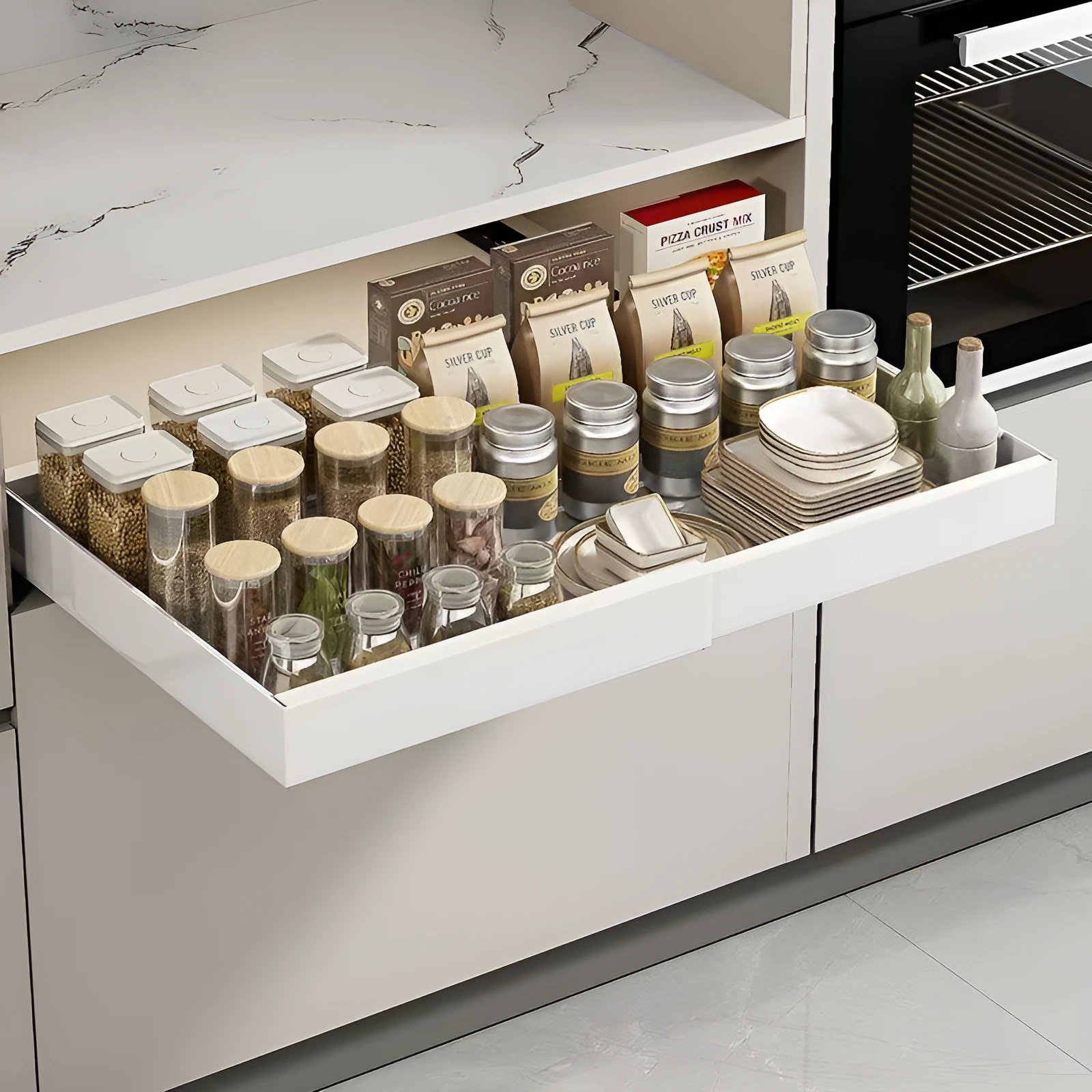 Sertar organizator extensibil, glisant, cu sine autoadezive, Herum, Alb, 32-52 x 42 x 7 cm [6]