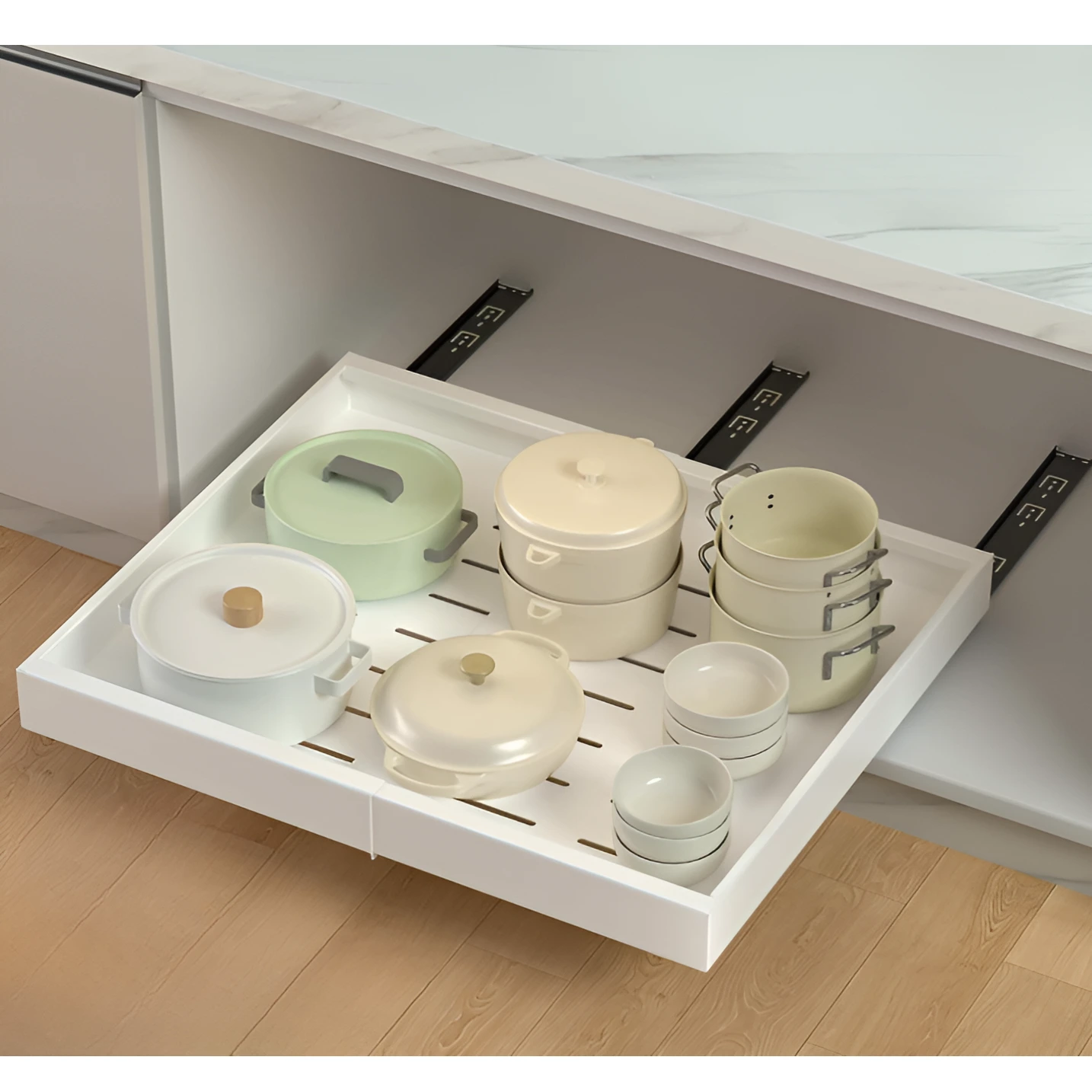 Sertar organizator extensibil, glisant, cu sine autoadezive, Herum, Alb, 32-52 x 42 x 7 cm [5]