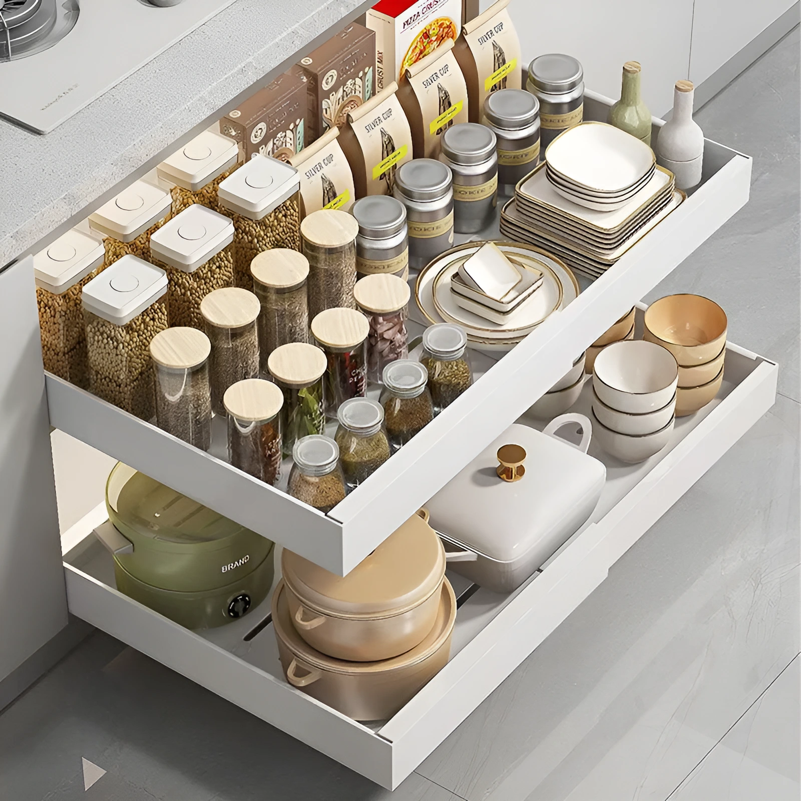 Sertar organizator extensibil, glisant, cu sine autoadezive, Herum, Alb, 32-52 x 42 x 7 cm [3]