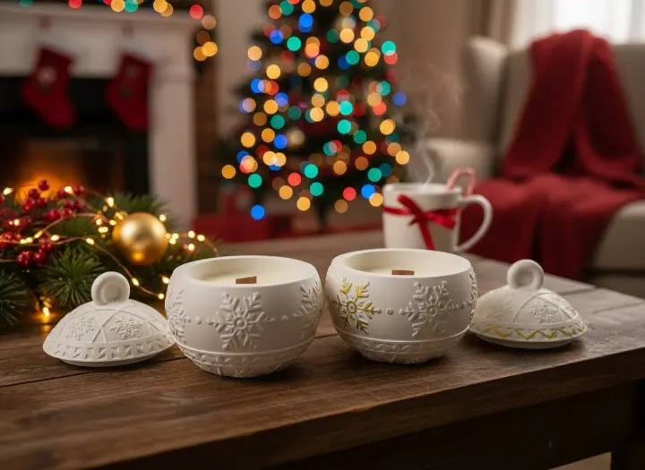 Set 2 globuri din ceramica, lumanare parfumata in interior, HANDMADE, ceara naturala din soia, fitil din lemn [3]