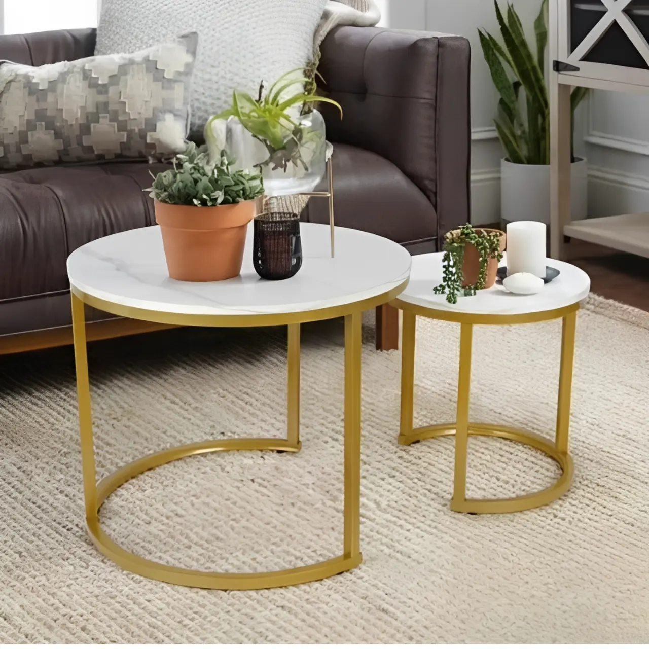 Set 2 masute pentru cafea, marimi diferite, structura metalica, blat MDF, model marmura, Auriu/Alb, 70 x 43.5 cm, 50 x 39.5 cm [2]