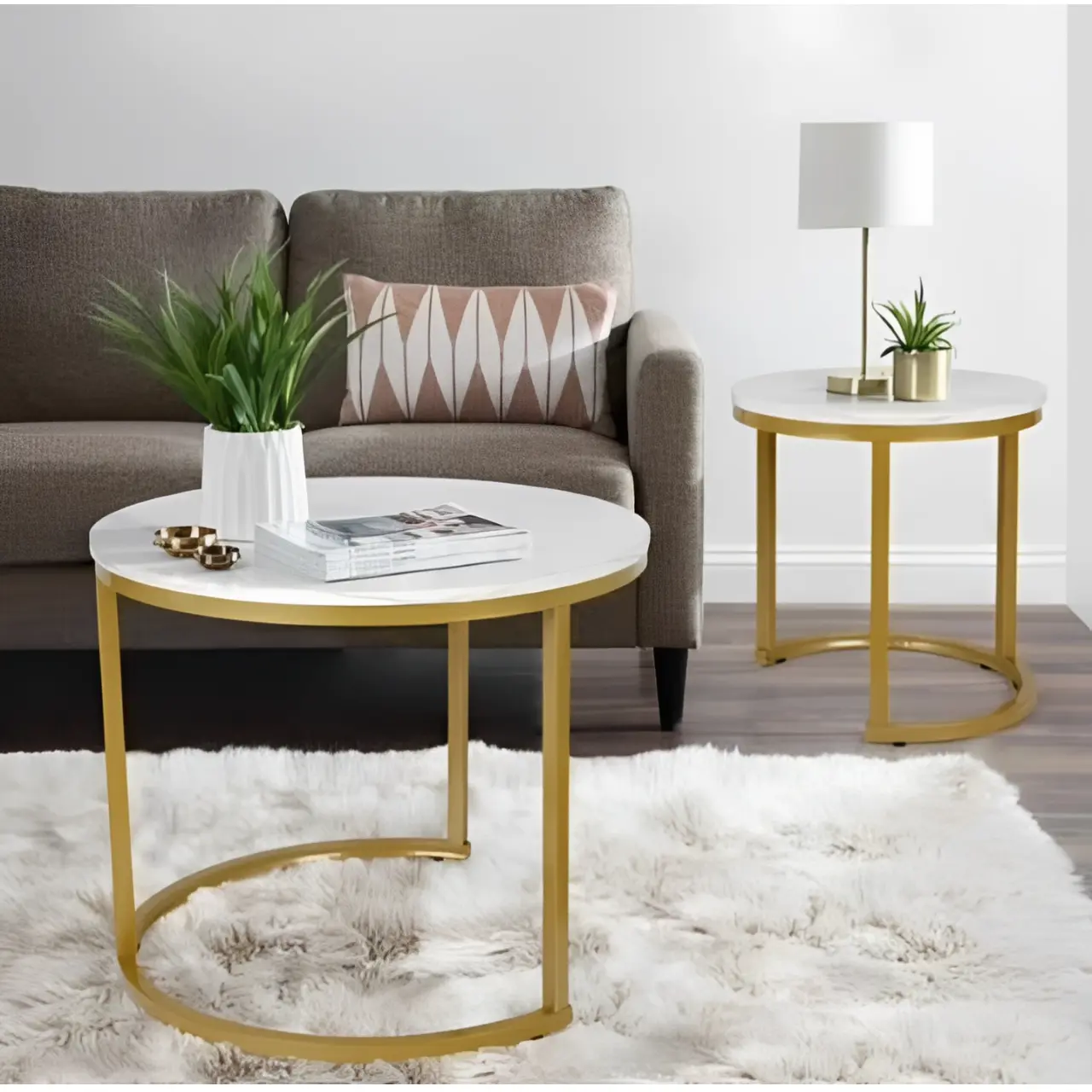 Set 2 masute pentru cafea, marimi diferite, structura metalica, blat MDF, model marmura, Auriu/Alb, 70 x 43.5 cm, 50 x 39.5 cm [5]