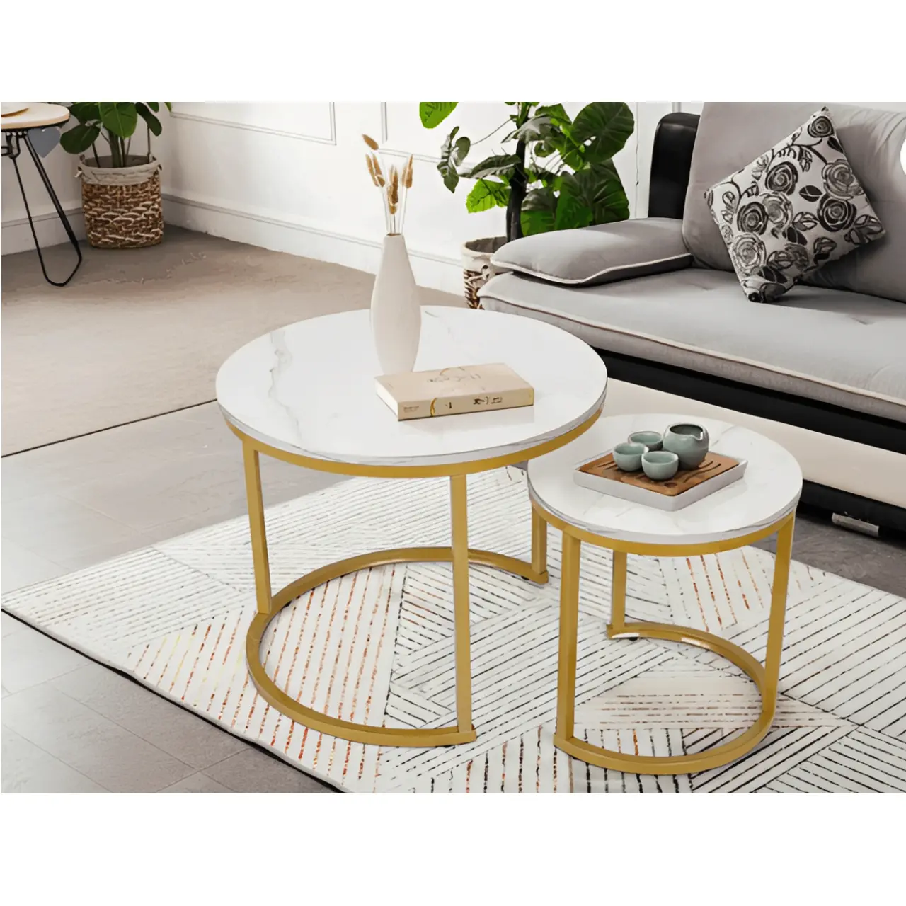 Set 2 masute pentru cafea, marimi diferite, structura metalica, blat MDF, model marmura, Auriu/Alb, 70 x 43.5 cm, 50 x 39.5 cm [4]