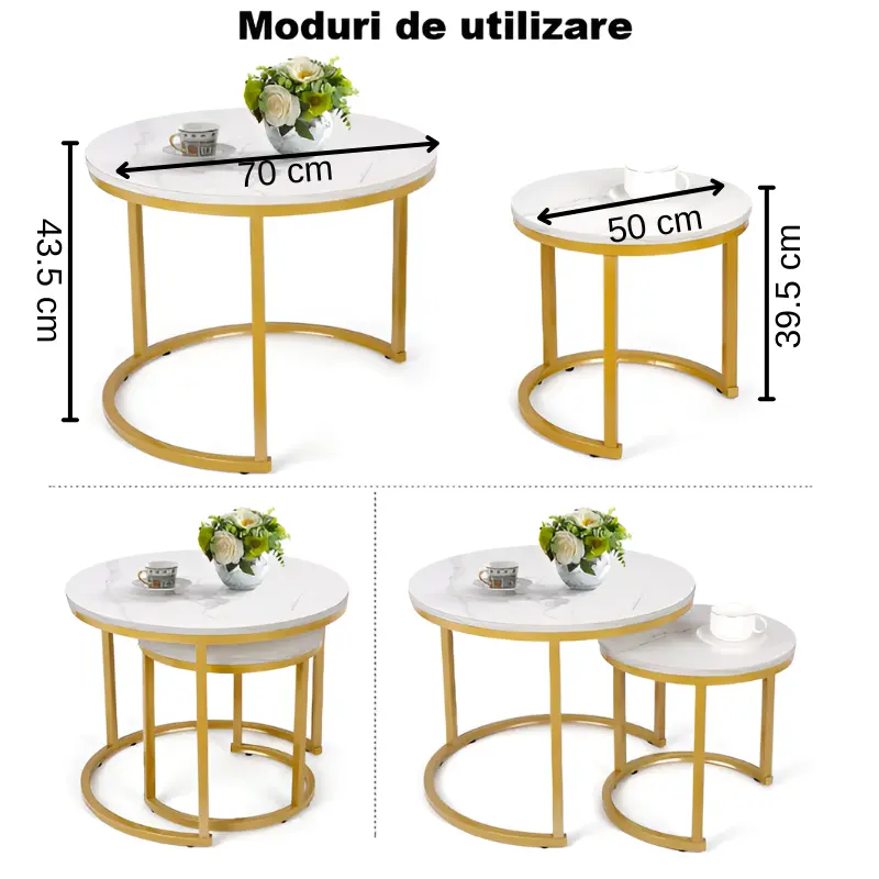 Set 2 masute pentru cafea, marimi diferite, structura metalica, blat MDF, model marmura, Auriu/Alb, 70 x 43.5 cm, 50 x 39.5 cm [3]