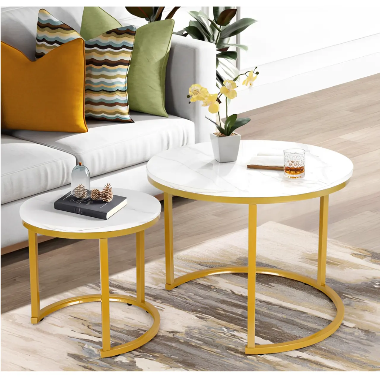 Set 2 masute pentru cafea, marimi diferite, structura metalica, blat MDF, model marmura, Auriu/Alb, 70 x 43.5 cm, 50 x 39.5 cm [6]