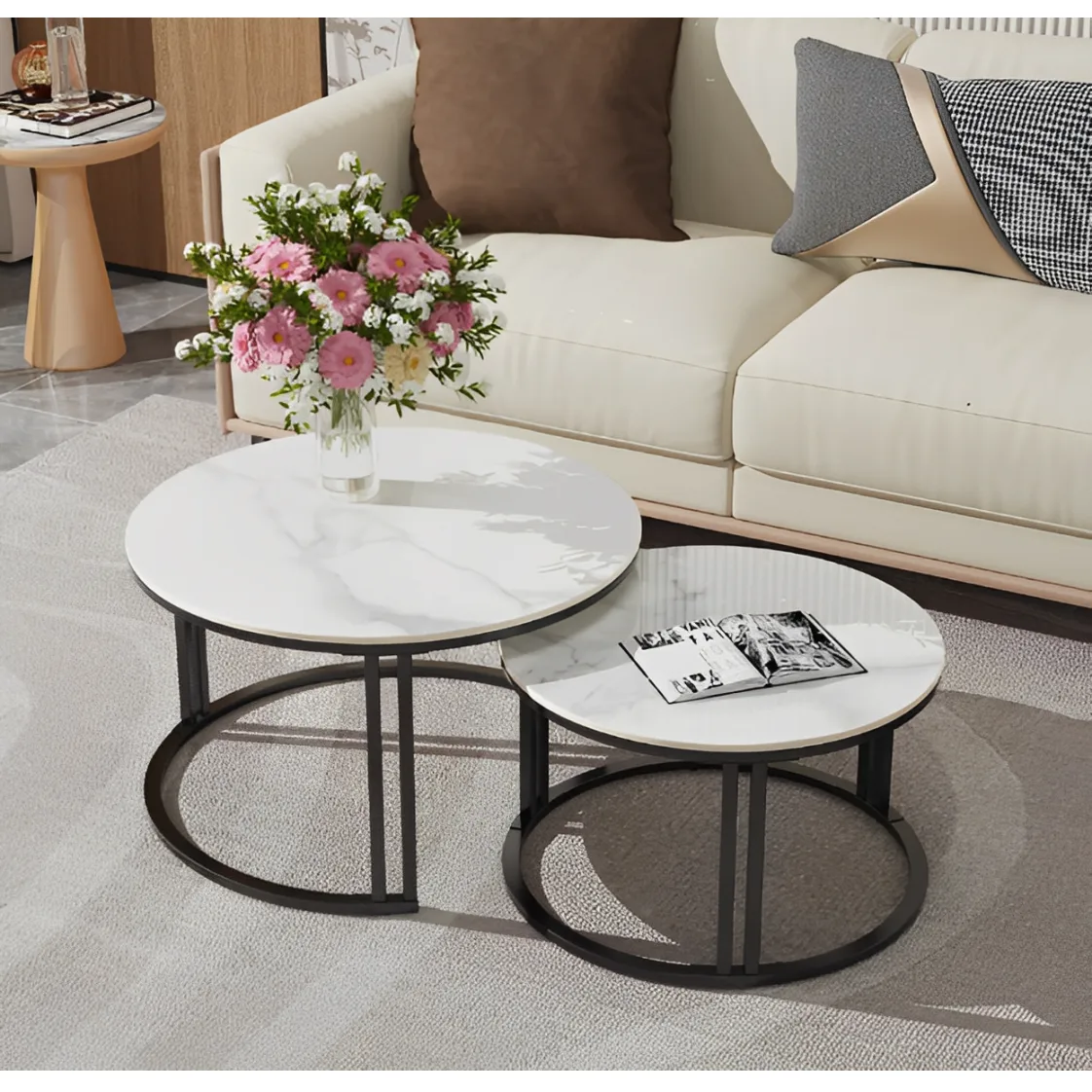 Set 2 masute pentru cafea, marimi diferite, structura metalica, blat MDF, model marmura, Negru/Alb, 70 x 43.5 cm, 50 x 39.5 cm [2]