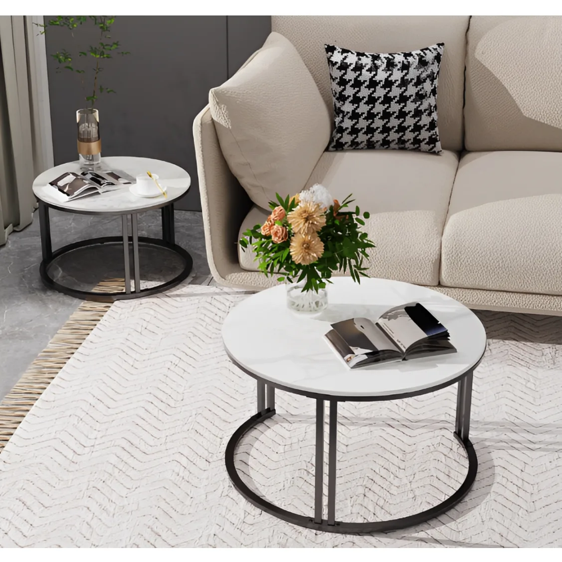 Set 2 masute pentru cafea, marimi diferite, structura metalica, blat MDF, model marmura, Negru/Alb, 70 x 43.5 cm, 50 x 39.5 cm [4]