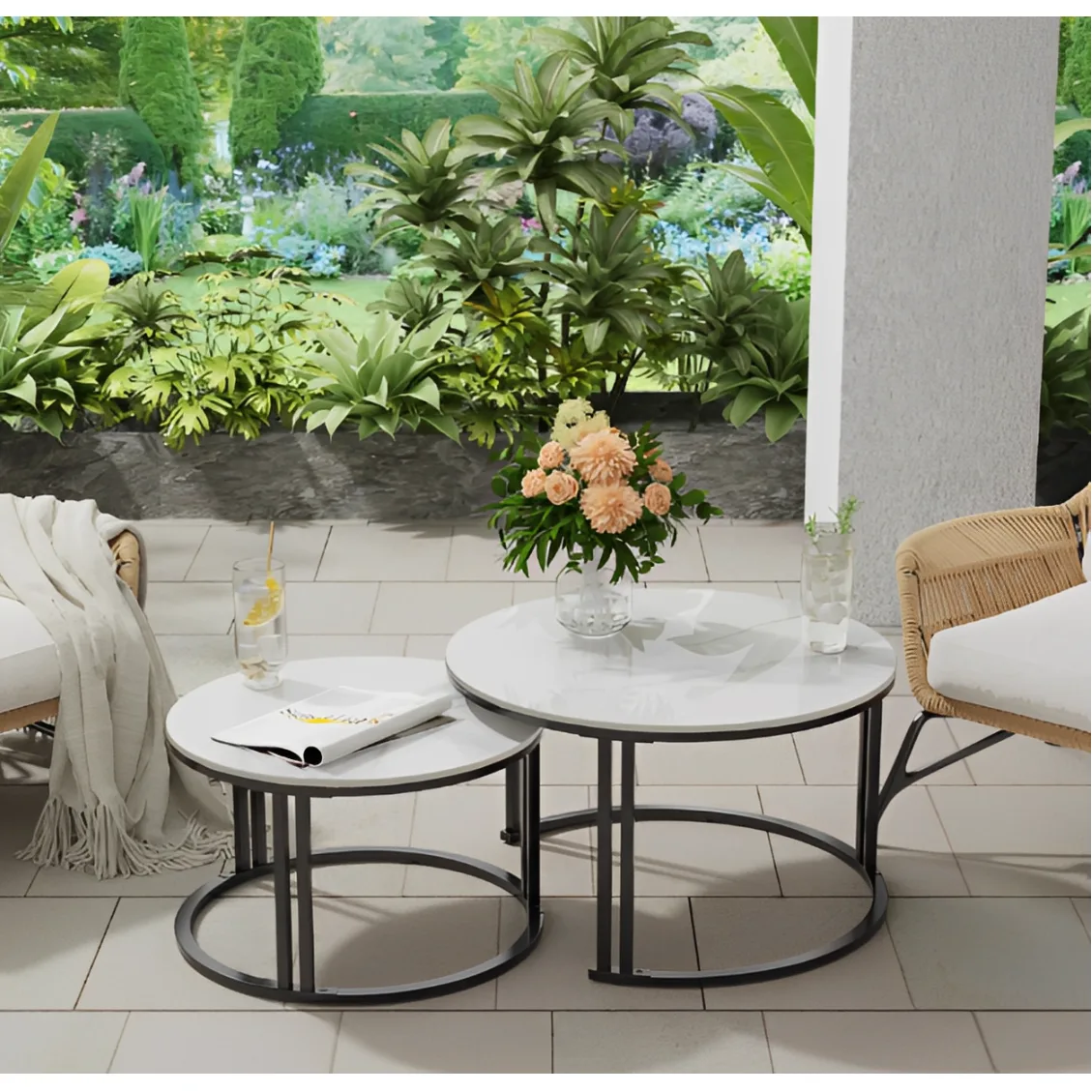 Set 2 masute pentru cafea, marimi diferite, structura metalica, blat MDF, model marmura, Negru/Alb, 70 x 43.5 cm, 50 x 39.5 cm [6]