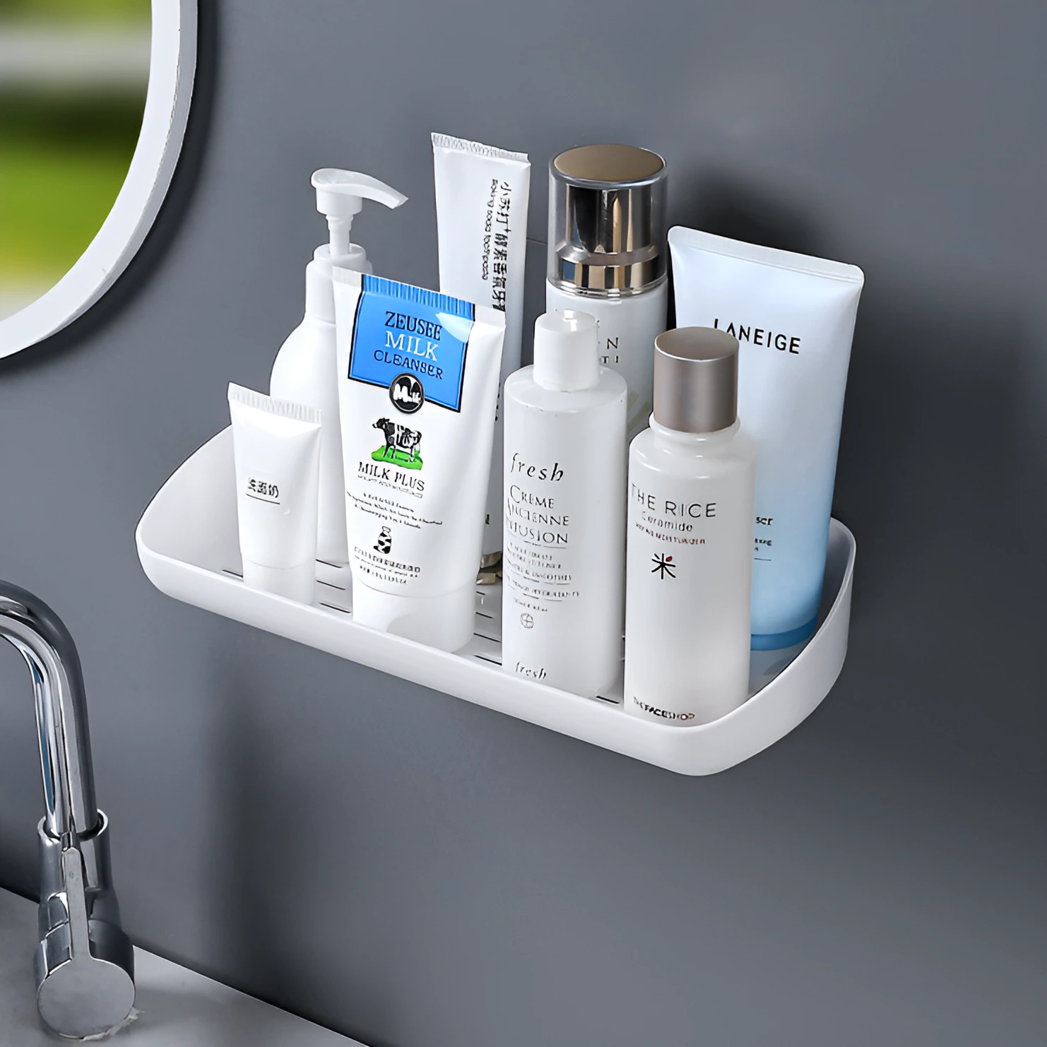 Set 2 rafturi dreptunghiulare, autoadezive, din plastic, pentru baie, Alb, 28 x 13 x 5.5 cm [2]