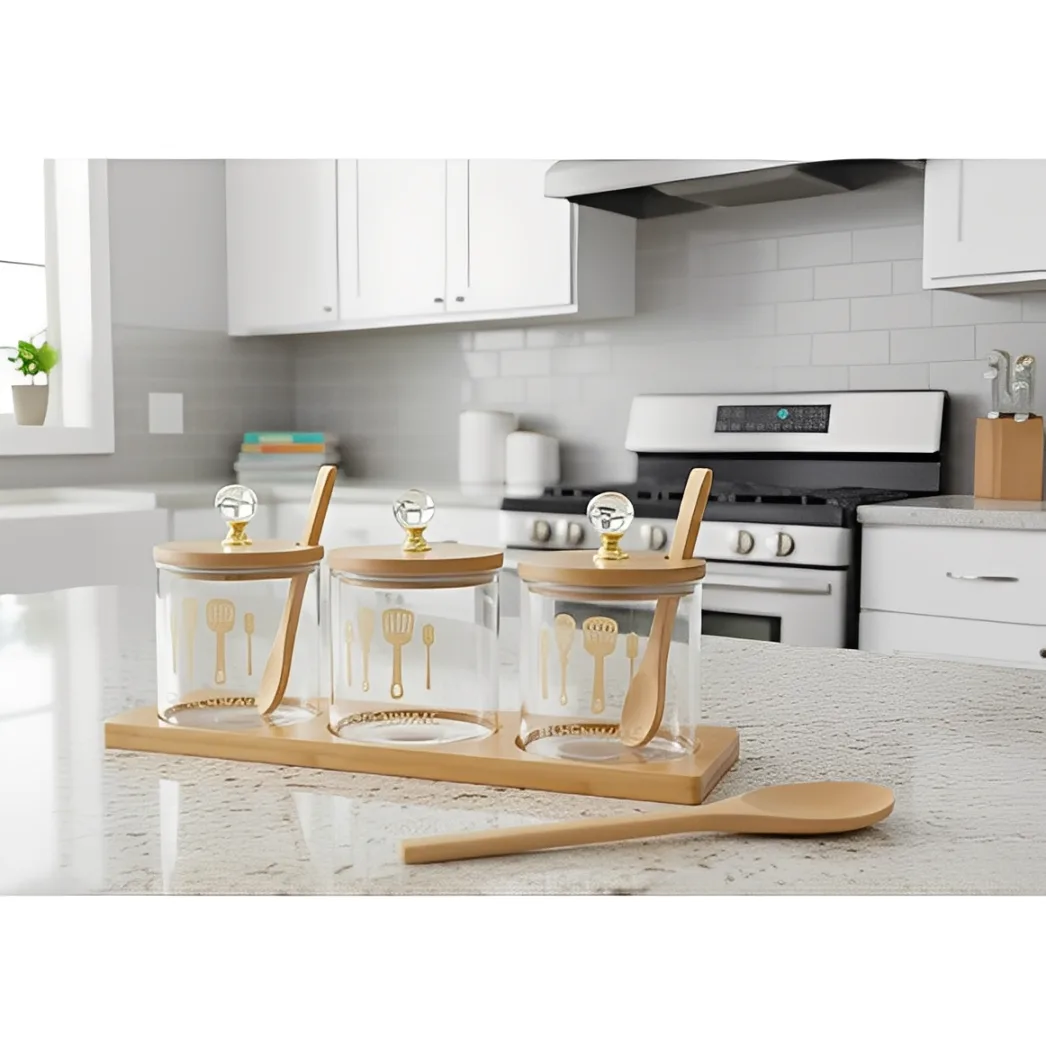 Set 3 borcane din sticla pentru condimente, cu capac din bambus, lingurita si suport din bambus, Transparent/Bej, 200 ml [2]