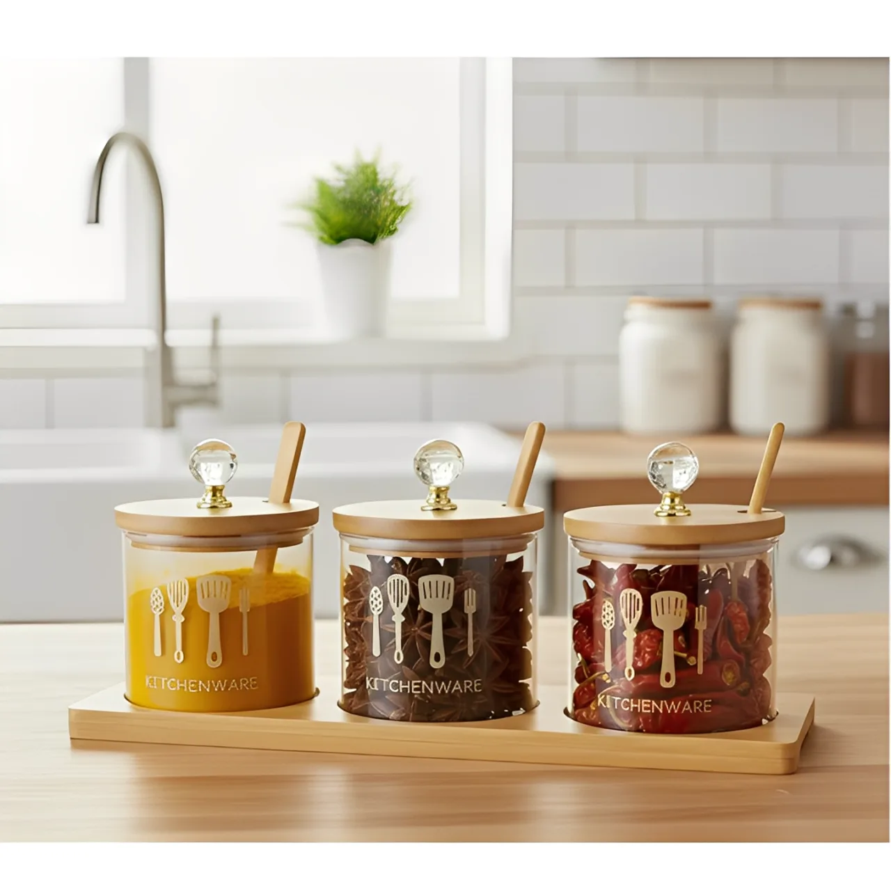 Set 3 borcane din sticla pentru condimente, cu capac din bambus, lingurita si suport din bambus, Transparent/Bej, 200 ml [4]