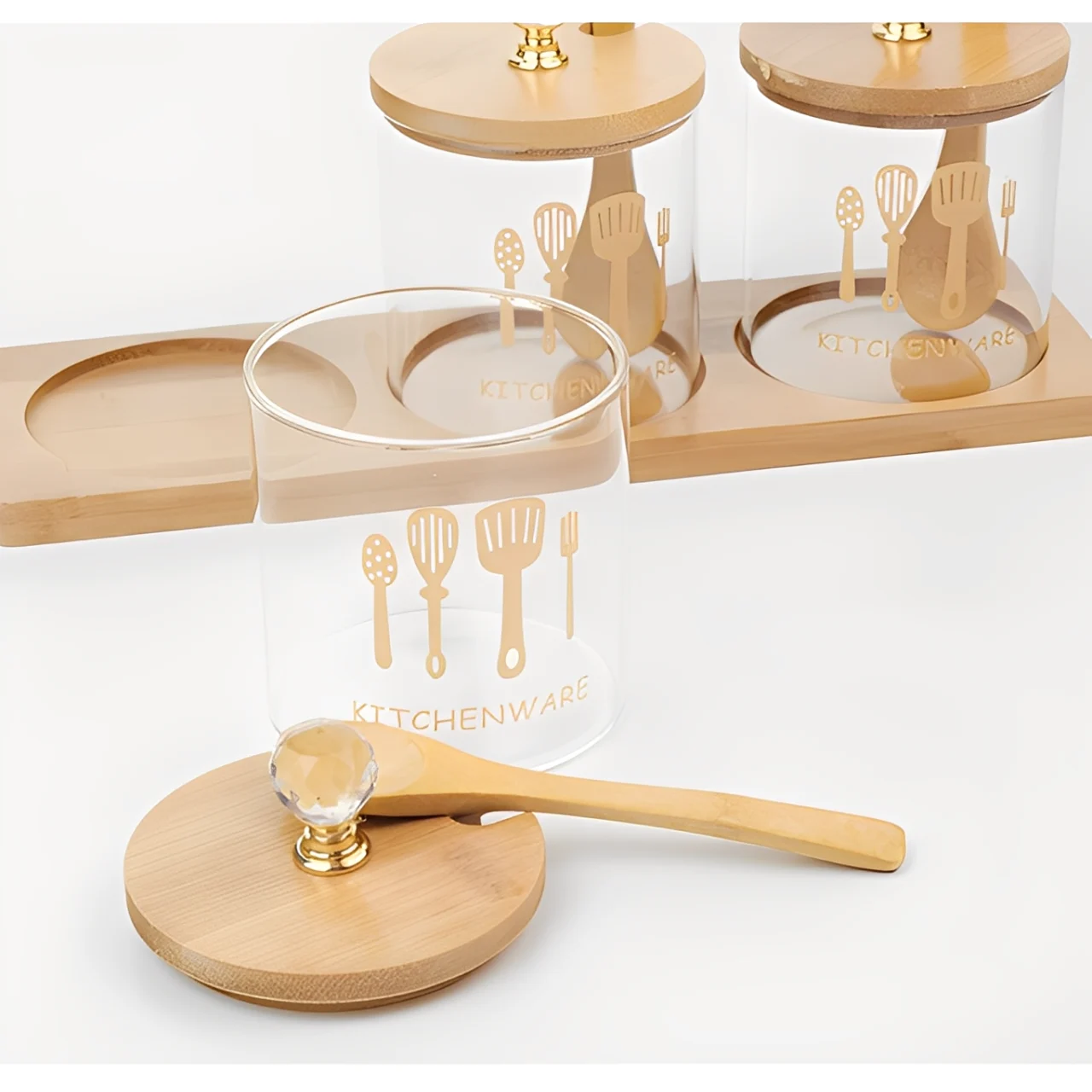 Set 3 borcane din sticla pentru condimente, cu capac din bambus, lingurita si suport din bambus, Transparent/Bej, 200 ml [5]