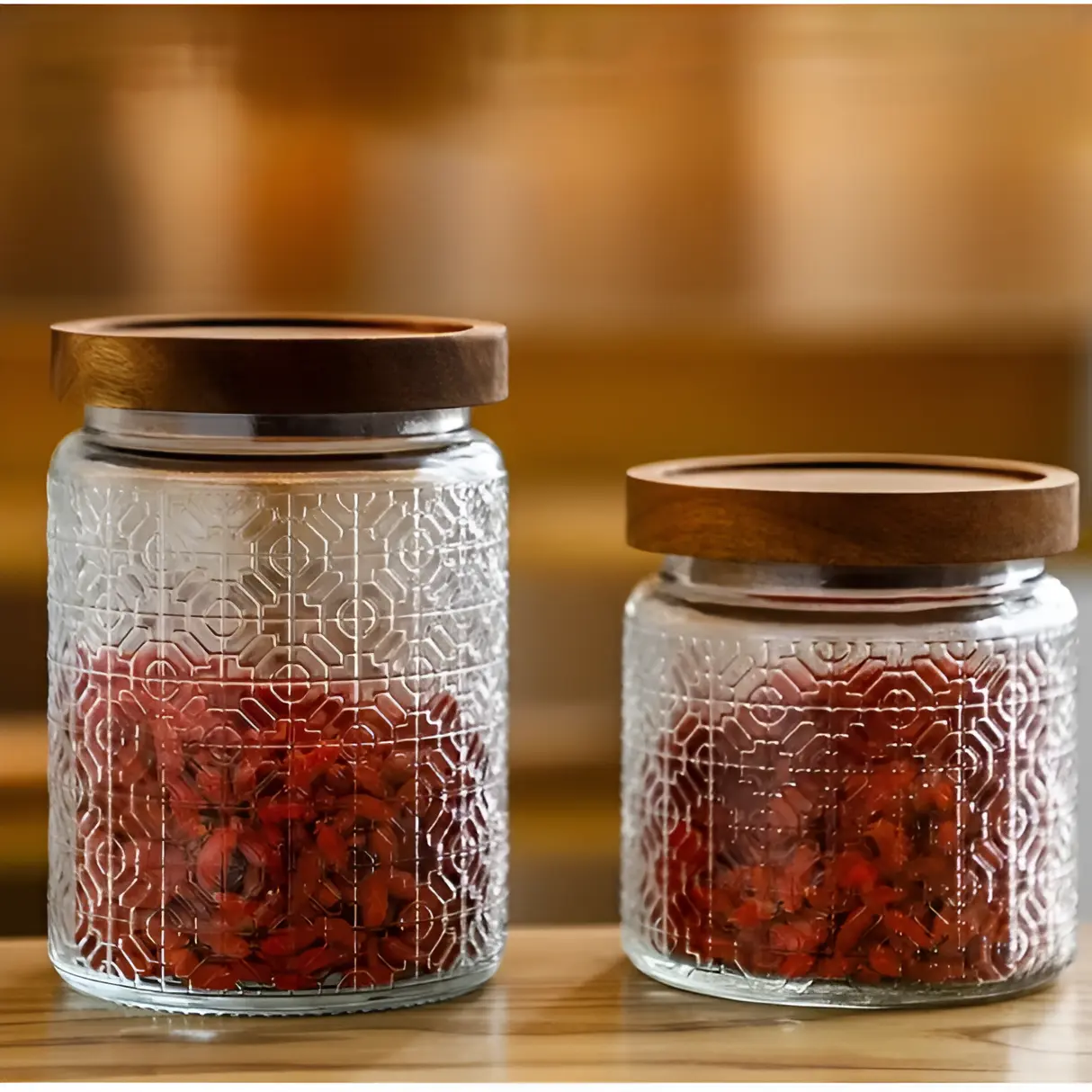 Set 3 borcane pentru condimente, marimi diferite, sticla, PVC, organizatoare, Transparent/Maro, 600/700/1500 ml [2]