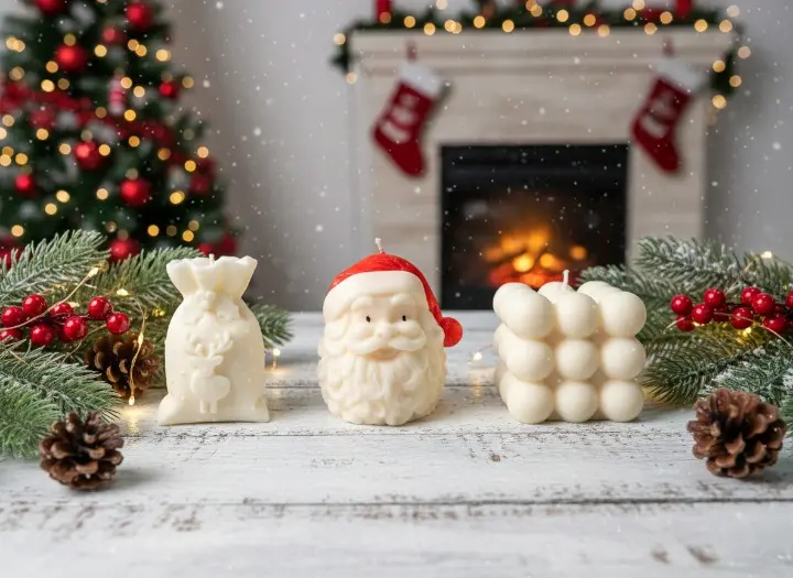 Set 3 lumanari parfumate, HANDMADE, ceara naturala din soia, fitil din bumbac, Sac, Mos Craciun si Cub, 7.5 cm [2]