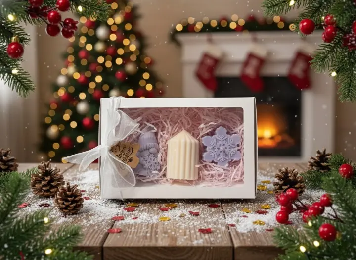 Set 3 lumanari parfumate, HANDMADE, ceara naturala din soia, fitil din bumbac, Spiridus, Lumanare si Fulg, 7.5 cm [3]