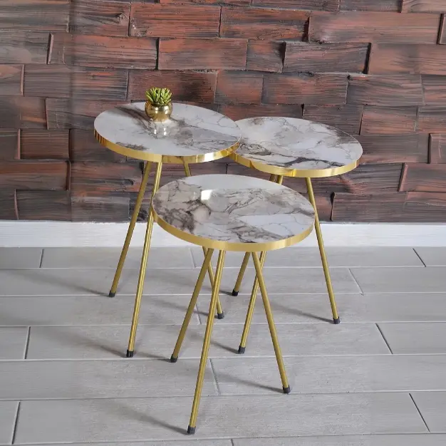 Set 3 masute pentru cafea, inaltimi diferite, structura metalica, blat MDF, model marmura, Auriu/Alb, 40 x 52 cm, 40 x 47 cm, 40 x 42 cm [3]