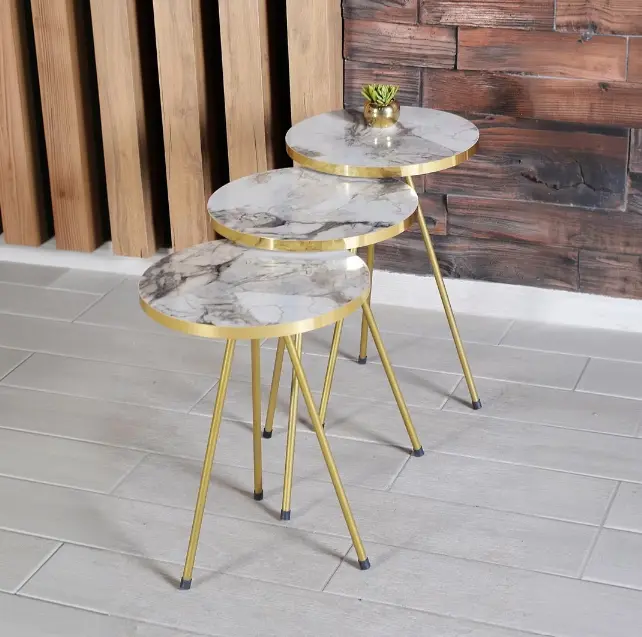 Set 3 masute pentru cafea, inaltimi diferite, structura metalica, blat MDF, model marmura, Auriu/Alb, 40 x 52 cm, 40 x 47 cm, 40 x 42 cm [5]