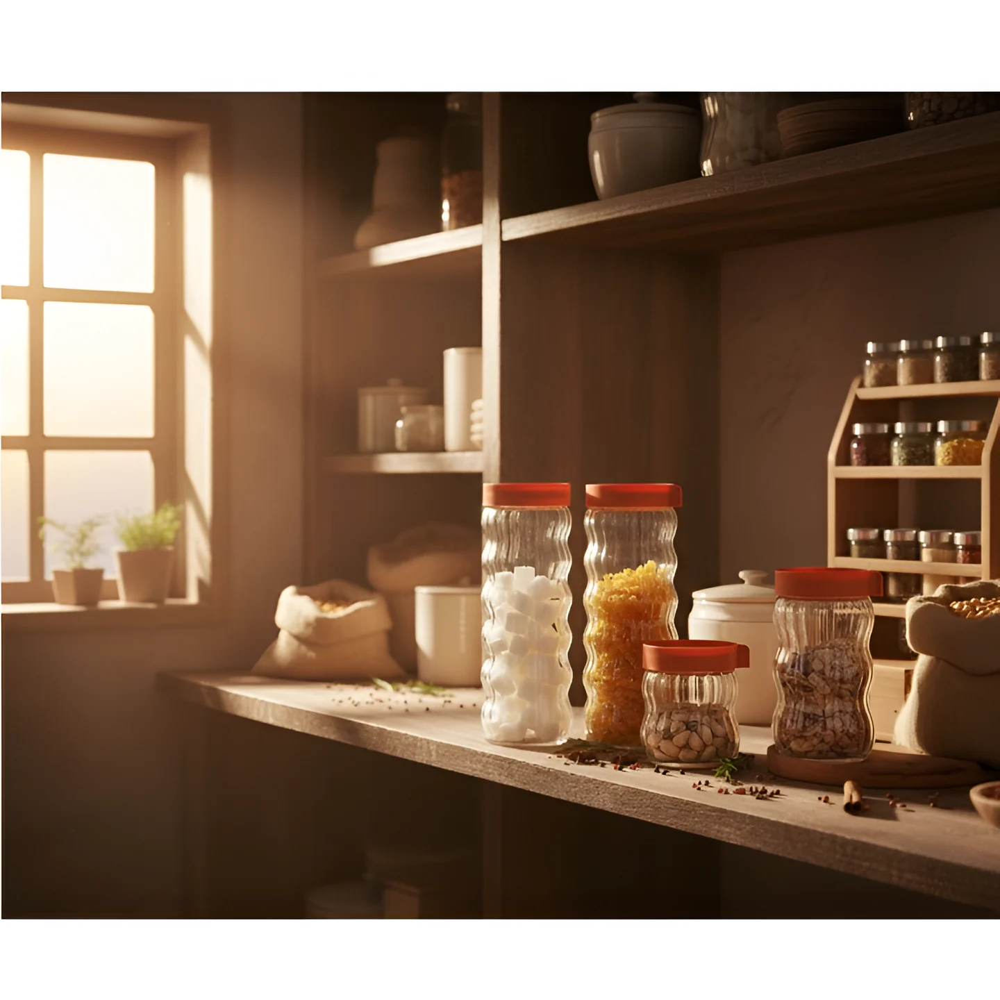 Set 4 borcane pentru condimente, marimi diferite, sticla, PVC, organizatoare, Transparent/Rosu, 450/650/1200/1200 ml [3]