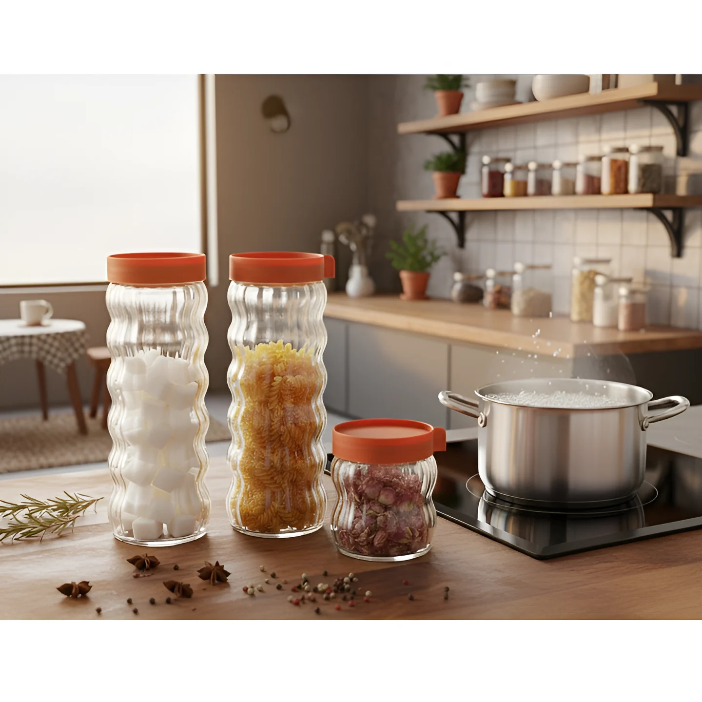 Set 4 borcane pentru condimente, marimi diferite, sticla, PVC, organizatoare, Transparent/Rosu, 450/650/1200/1200 ml [5]