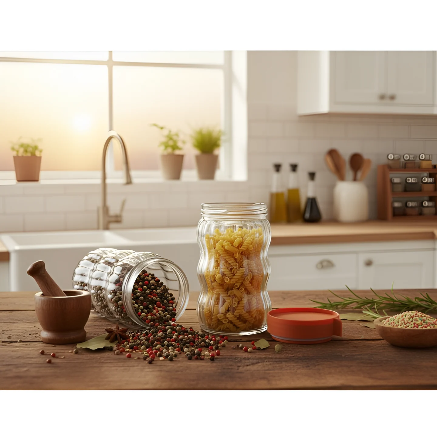 Set 4 borcane pentru condimente, marimi diferite, sticla, PVC, organizatoare, Transparent/Rosu, 450/650/1200/1200 ml [2]