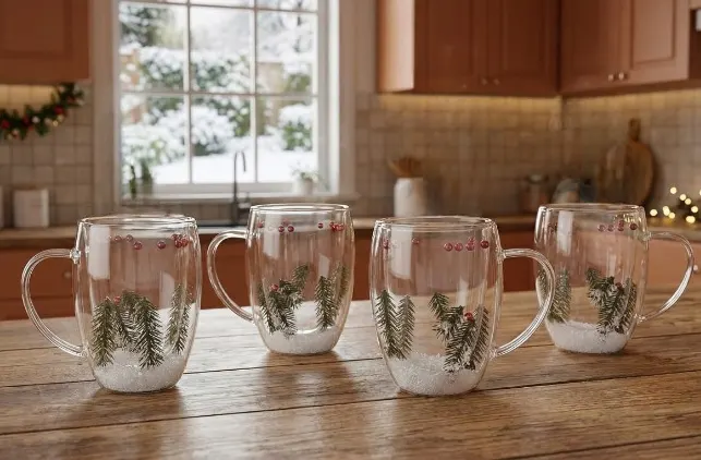 Set 4 cani cu pereti dubli, model de Craciun, din sticla, termorezistente, Transparent, 330 ml [1]