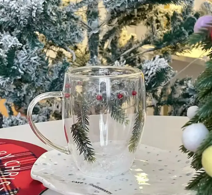 Set 4 cani cu pereti dubli, model de Craciun, din sticla, termorezistente, Transparent, 330 ml [2]