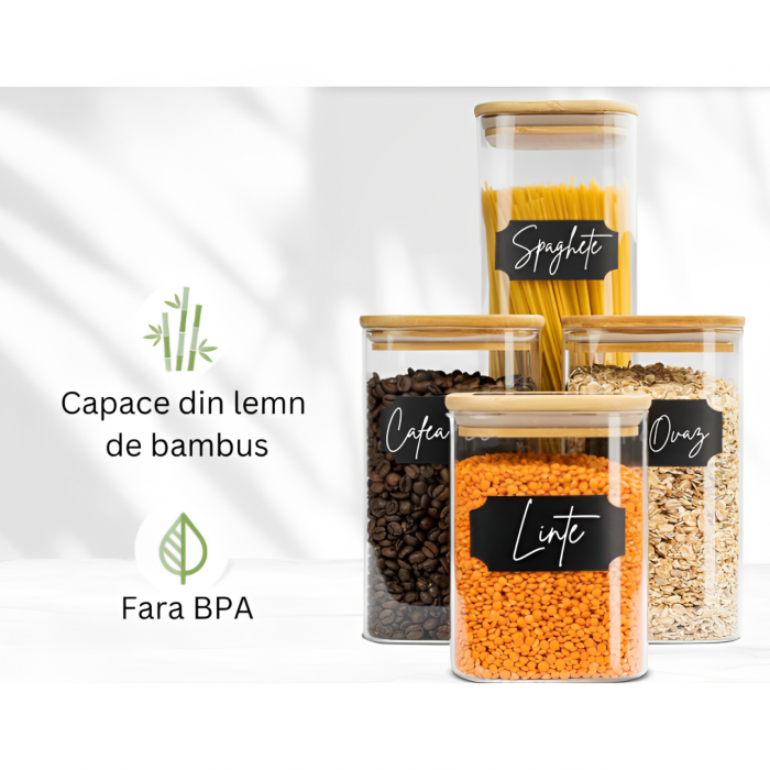 Set 4 recipiente din sticla cu capac din bambus pentru depozitarea alimentelor, 8 etichete si un marker incluse, Transparent/ Bej, 1000 ml + 1400 ml + 2450 ml [3]